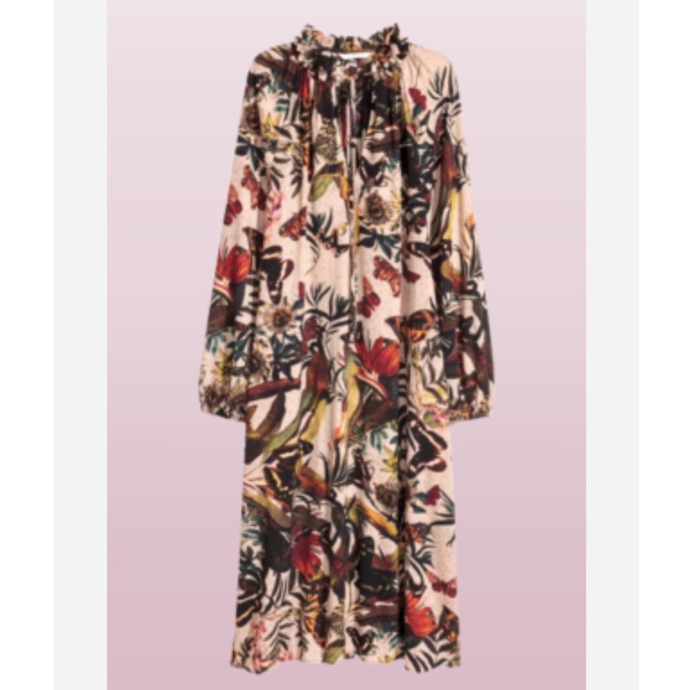 H&M Botanical Butterfly Print Ruffle Neck Midi Dress with Pockets Beige 14